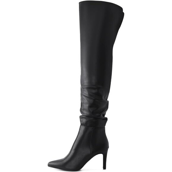 Women Pu Black Polyurethane Over The Knee Stiletto Heel Pointed Toe Long Boot - Picture 2 of 6